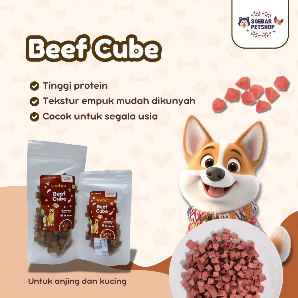 Beef Cube – Snack/Camilan Daging Sapi Lezat dan Sehat untuk Kucing dan Anjing Berbentuk Dadu (100 gram)