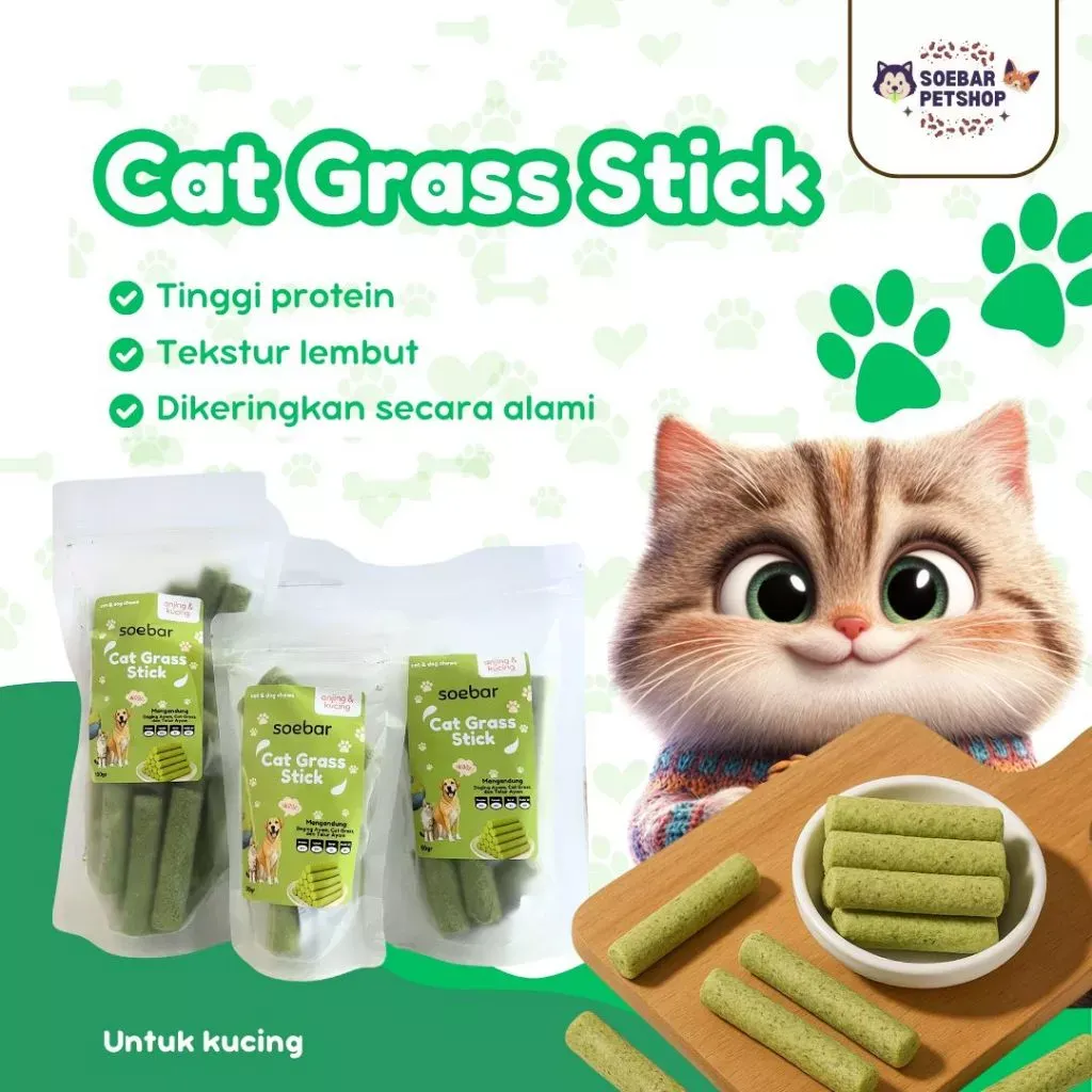 Cat Grass Stick - Snack Kucing Campuran Ayam, Minyak Ikan, Catnip dan Vitamin Berbentuk Stik Hijau (30 gram)